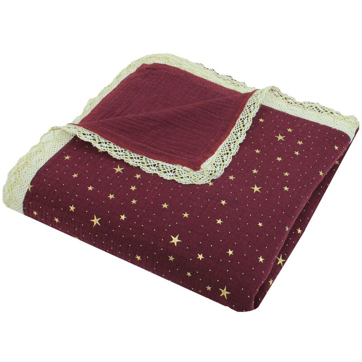 Paturica muselina cu dantela, Metalic Stars, visiniu, 140 x 120 cm