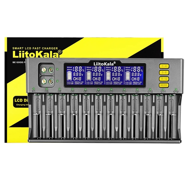 Incarcator universal pentru 12 baterii, Lii-S12, Liitokala, compatibil cu baterii Ni-MH, Ni-CD, Li-Ion, Li-FE, Negru