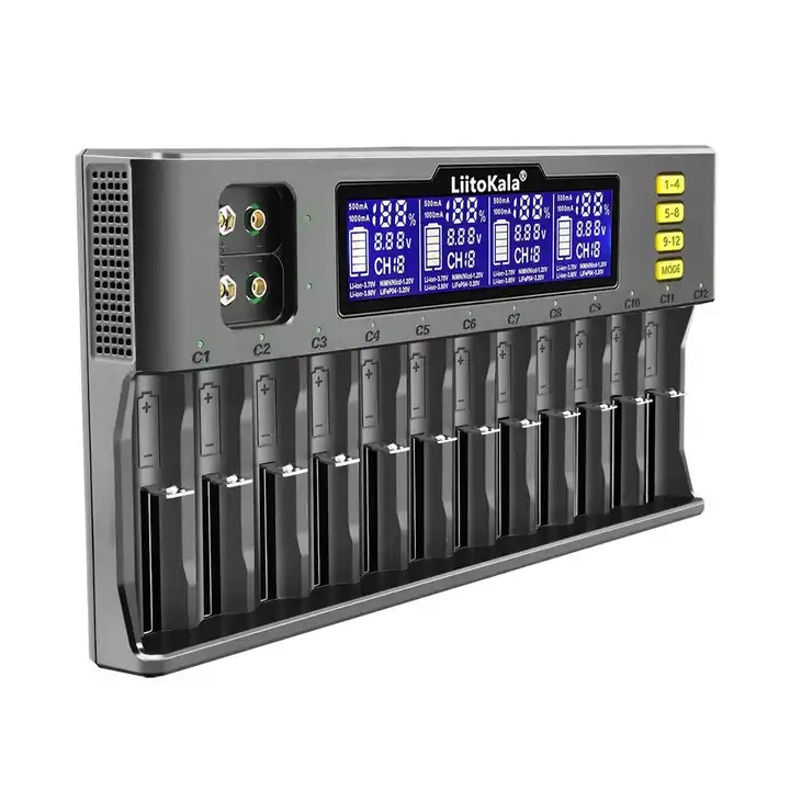 Incarcator universal pentru 12 baterii, Lii-S12, Liitokala, compatibil cu baterii Ni-MH, Ni-CD, Li-Ion, Li-FE, Negru