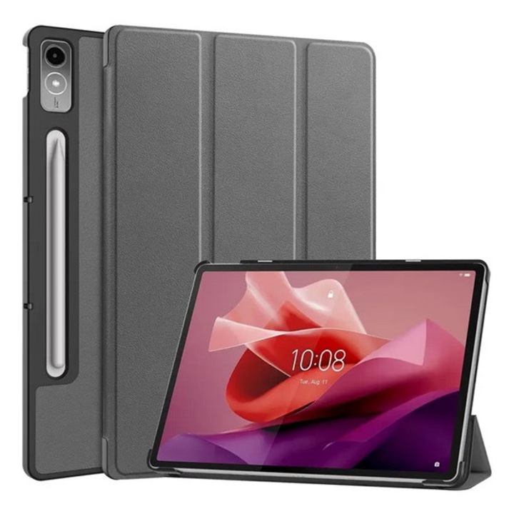 Tablet tok, kompatibilis, Lenovo Tab P12 (TB370) Gigapack tok álló, bőr hatású (aktív flip, oldalra nyíló, trifold, asztali tartó, ceruza tartó) sötétszürke, gigapack csomagolás