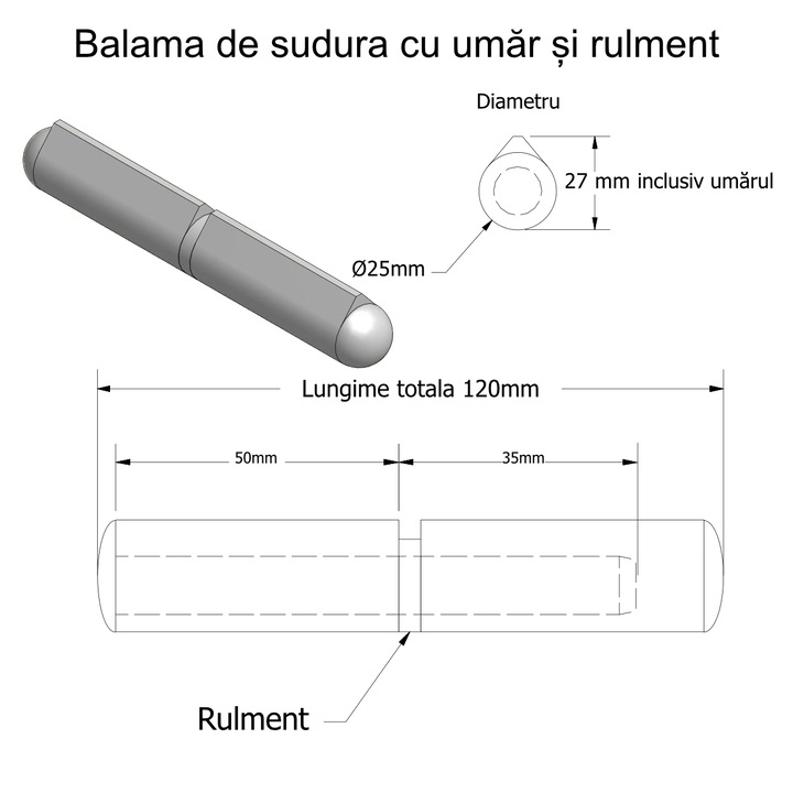 Set 2 balamale sudabile pentru porti batante cu umar si rulment, Grosime 25mm, Lungime 120mm