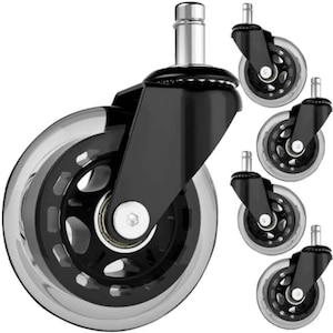 Set 5 Roti de Cauciuc si Metal Universale, Malatec, Diametru Roti 7.5 cm, Diametru tija 11 mm, Anti-Alunecare, Scaun Birou/Gaming, Negru