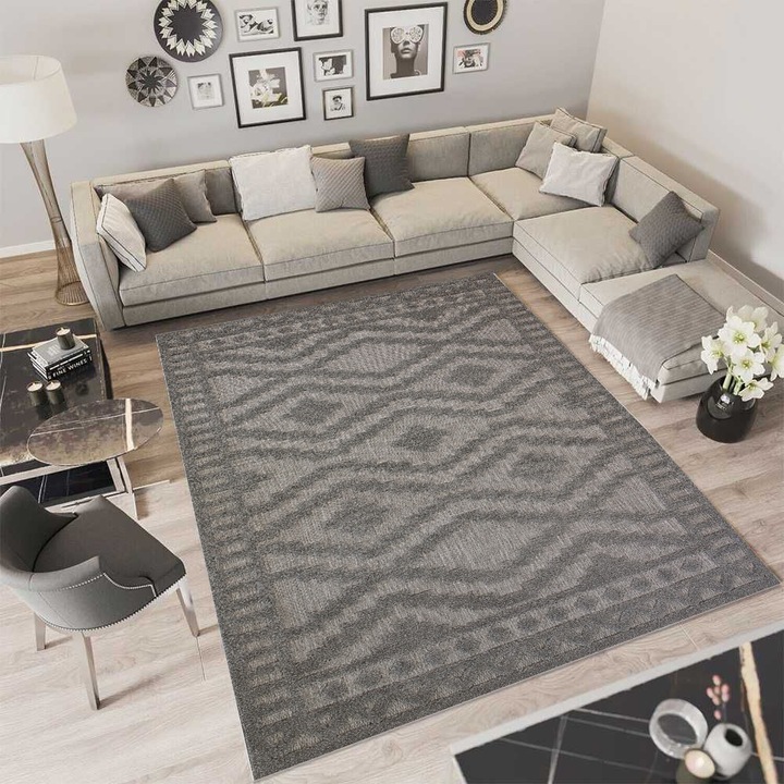 Covor Newport Impletit Relief Gri, 200x300 cm, 100% Polipropilena