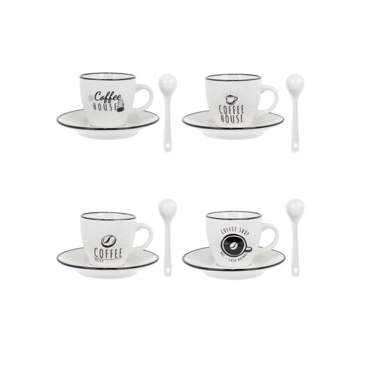 Комплект чаши за кафе с чинийки и лъжички, Порцелан, Бели, 4 бр., 90 мл