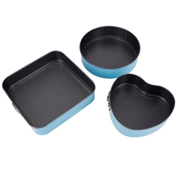 Set 3 tavi de copt cu baza detasabila pentru prajituri si torturi, forma patrata 28 cm, forma rotunda 26 cm, forma de inima 24 cm, strat antiaderent, culoare albastru deschis