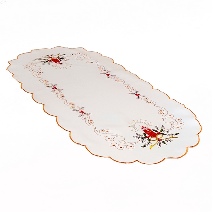 Napron pentru masa de Craciun Medaya®, decorativ, ideal pentru sarbatorile de iarna, cu motive florale, brad si lumanari, oval, alb/rosu/auriu
