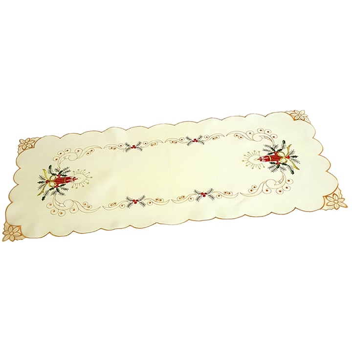 Napron pentru masa de Craciun Medaya®, decorativ, ideal pentru sarbatorile de iarna, cu motive florale, brad si lumanari, dreptunghiular, crem/rosu/auriu