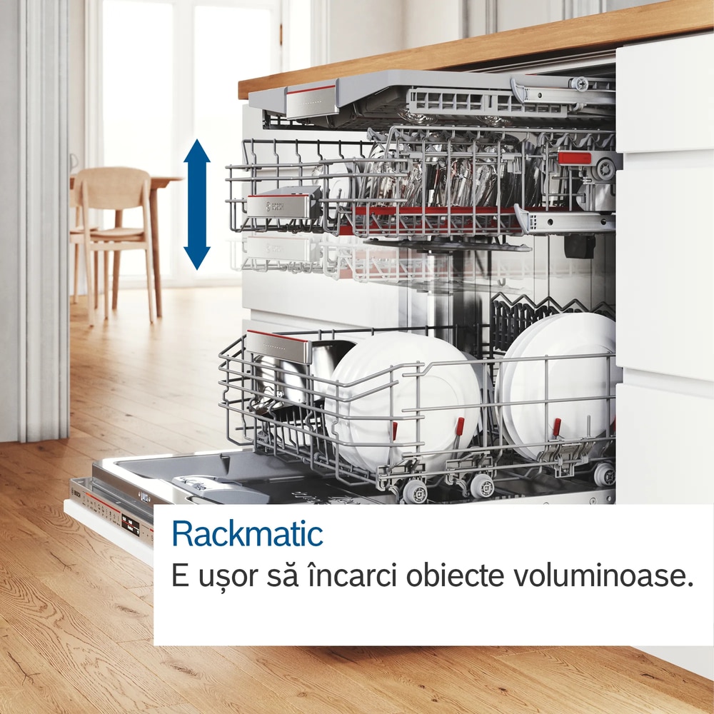 Masina de spalat vase complet incorporabila BOSCH 3SMV6ZCX18E, Seria 6, 60 cm, Seria B, PerfectDr, Max Flex Pro, VarioDrawer Pro, Sistem Rackmatic triplu, AquaStop, EcoSilence Drive