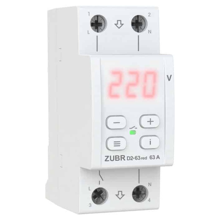 Releu de protectie tensiune monofazat, 63A, afisaj rosu, 2P, ZUBR