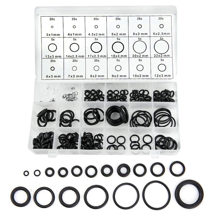 Set 225 garnituri oringuri din cauciuc, servodirectie la caseta, 18 dimensiuni diferite intre 3-22mm, Negru