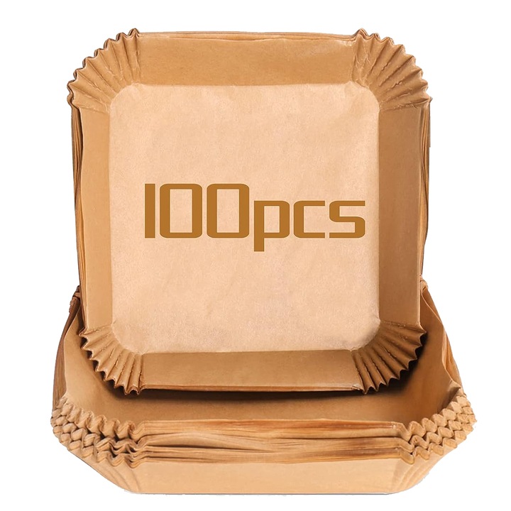 Set 100 hartie de copt pentru Air Fryer, 20cm×20cm×4.5cm, Maro