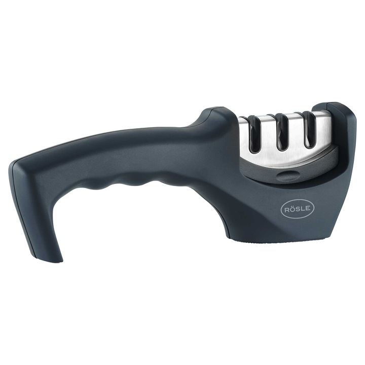 Ascutitor manual pentru cutite Rösle, trei faze: ascutire, intretinere si slefuire, potrivit pentru lamele drepte, unghi ascutire 20-40°, compact, maner ergonomic, usor de folosit, baza antiderapanta, negru