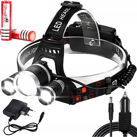 Lanterna de cap cu acumulator, profesionala, frontala cu unghi larg de iluminare, led puternic, pentru vanatoare, pescuit, camping, santier, waterproof, MAXSELL, negru