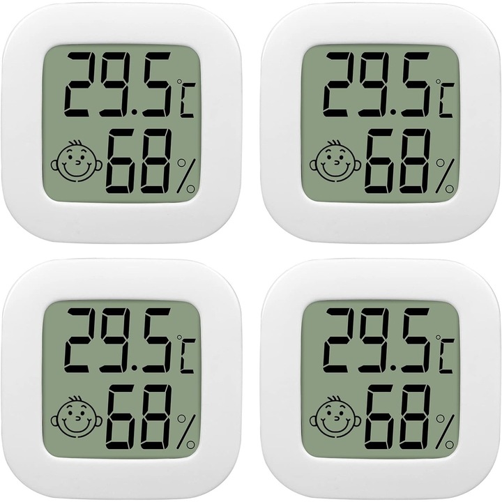 Set 4 termometre de camera, Sunmostar, LCD, Higrometru, 43x43x13mm, Alb