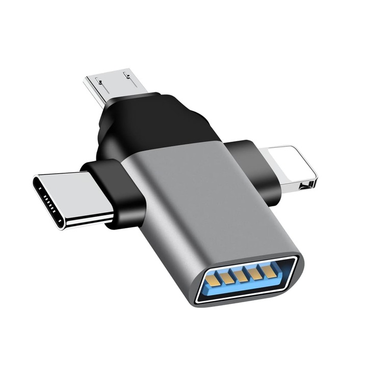 3 в 1 OTG адаптер, Axroad Mall, Поддържа USB 3.0, Type-C, IPhone Lightning, Бърз трансфер на данни, Без драйвер, Подходящ за мобилни телефони, лаптоп u дискове, четец на карти, Сив
