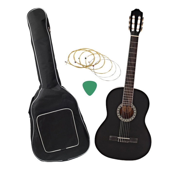 Chitara clasica 96 cm, Black Raven, lemn, model clasic, negru, husa, corzi si pana incluse
