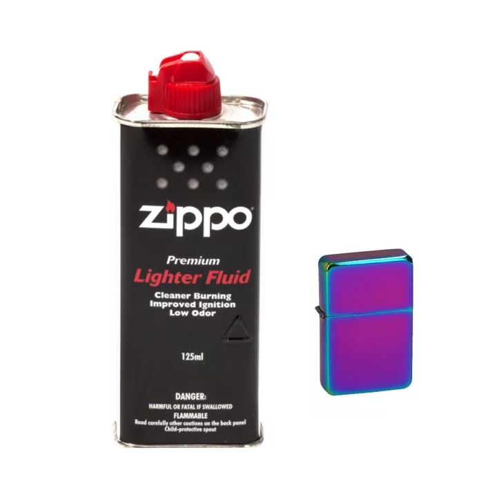 Set bricheta Gentelo Flame tip Zippo cu flacara normala, reincarcabila cu benzina, confectionata din otel inoxidabil, exterior multicolor, flacon metalic cu benzina 125 ml, cutie inclusa