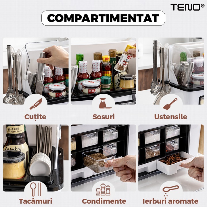 Organizator Multifunctional pentru Bucatarie Teno®, suport sticle, rafturi pentru condimente, cuier pentru ustensile, suport cutite, 46 x 26 x 43 cm, alb