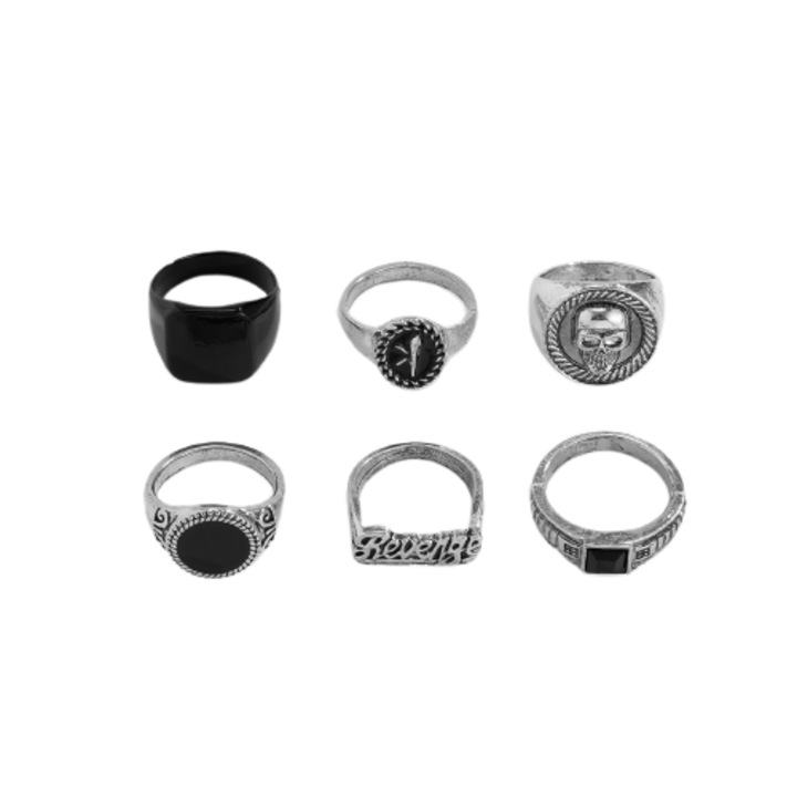 Set format din 6 inele diferite modele Punk tip ghiul, unisex, cap de mort, placate cu argint, Tessero, marime universala, argintiu