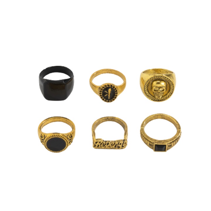 Set format din 6 inele diferite modele Punk tip ghiul, unisex, cap de mort, placate cu argint, Tessero, marime universala, auriu