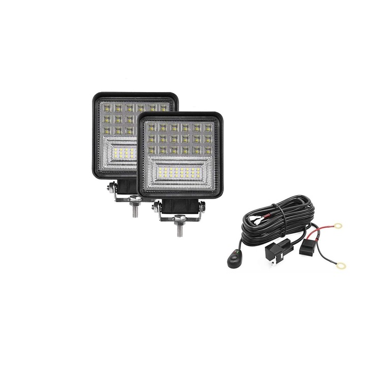 Set 2 proiectoare led bar Armax 126w 11 cm si kit cablaj releu si buton
