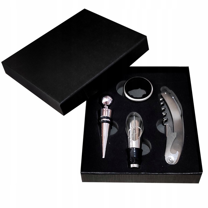 Set 4 accesorii pentru vin Bootic®, din plastic nichelat, cutie depozitare neagra, 15.5 x 13.5 x 3 cm