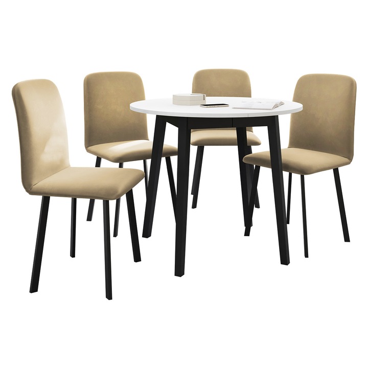 Set Masa extensibila Kirtore S + 4 x Scaune Lekoz, MIRJAN24, alb + negru / bej