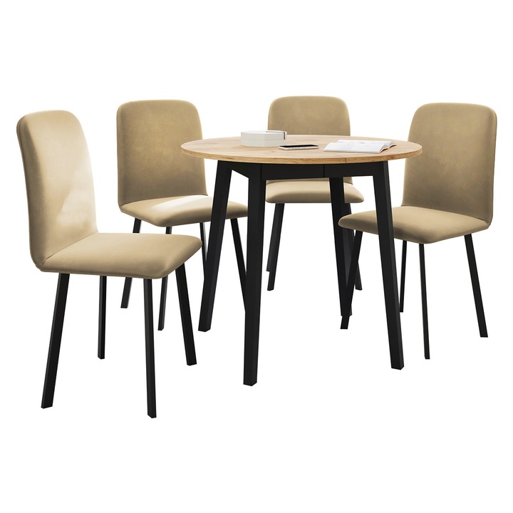 Set Masa extensibila Kirtore S + 4 x Scaune Lekoz, MIRJAN24, craft + negru / bej