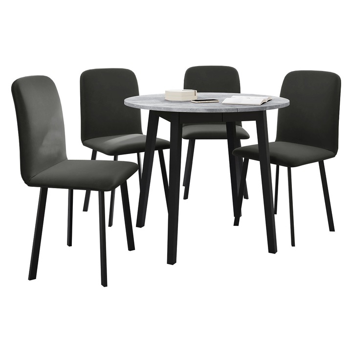 Set Masa extensibila Kirtore S + 4 x Scaune Lekoz, MIRJAN24, gri marmura + negru / gri inchis