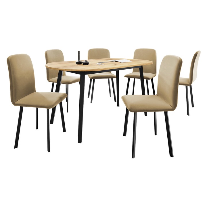 Set Masa extensibila Zerimo S + 6 x Scaune Lekoz, MIRJAN24, craft + negru / bej