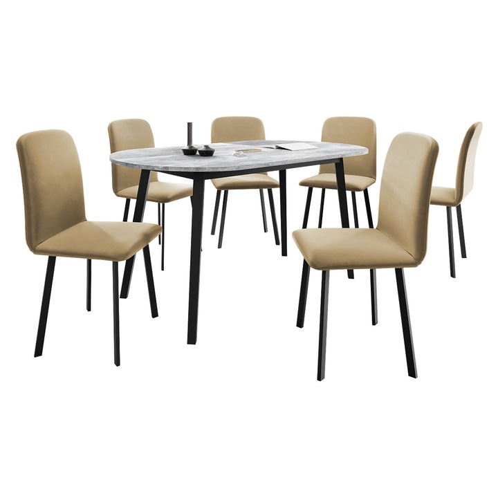 Set Masa extensibila Zerimo S + 6 x Scaune Lekoz, MIRJAN24, gri marmura + negru / bej