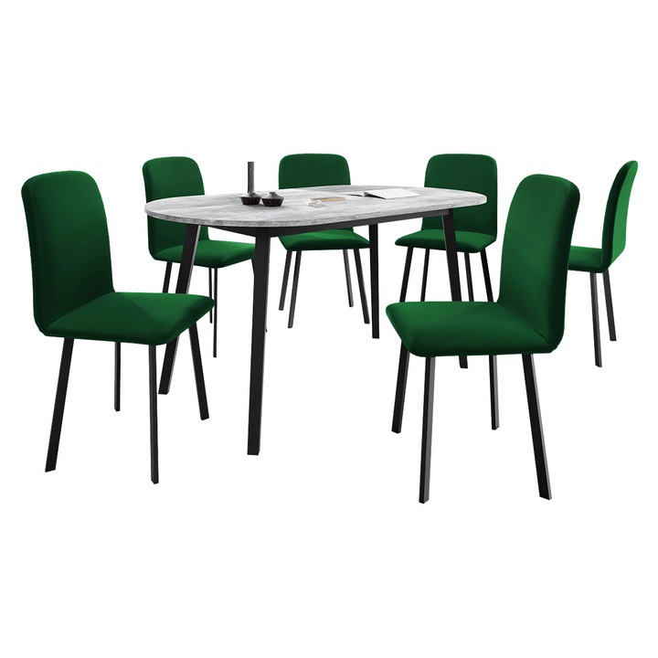 Set Masa extensibila Zerimo S + 6 x Scaune Lekoz, MIRJAN24, gri marmura + negru / verde