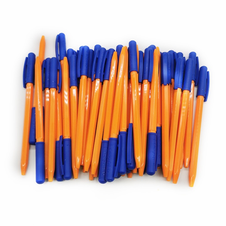 Set 50 de Pixuri de unica folosinta, mecanism prin intoarcere, corp portocaliu, scriere albastra, VisionXXI