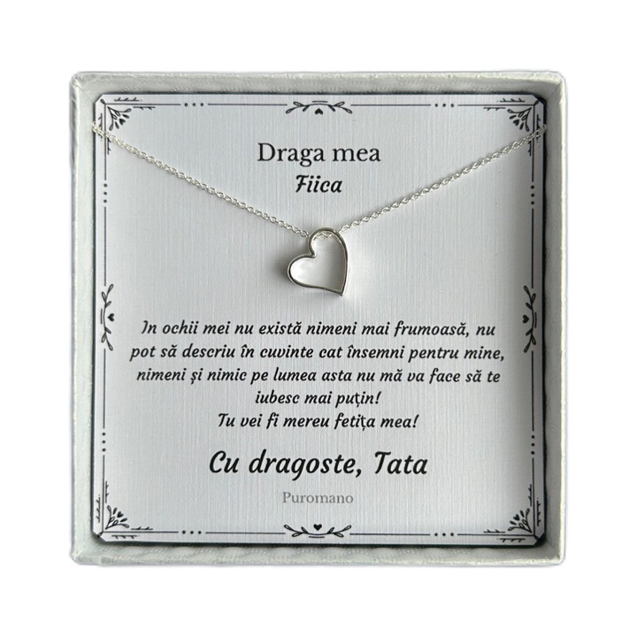 Set Colier, Puromano, din Argint 925, 40 + 5 CM, cutie personalizata si felicitare cu mesaj de la Tata, pentru Fiica