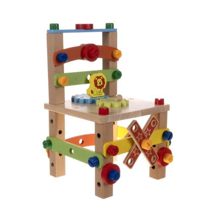 Scaun din Lemn pentru Copii, Jucarie Educativa, Auto-Asamblare, Accesorii Incluse, Multicolor