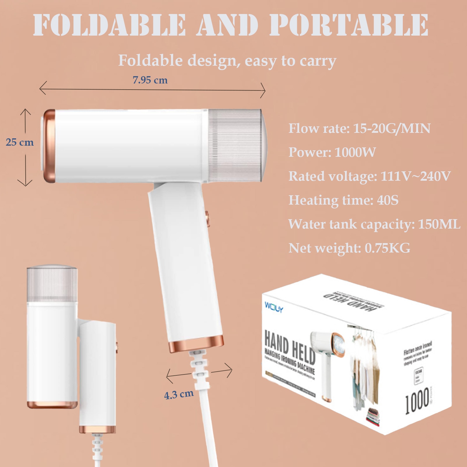 Aparat de calcat cu abur, 1000W, 150ml, pliabil, Abur 15-20 /min, ncalzire rapida in 40 secunde, Rezervor detasabil, Alb