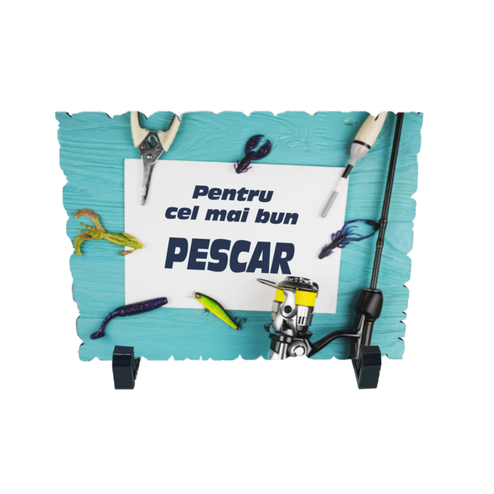 Placheta gift shop cu picioruse si mesaj cel mai bun pescar, material lemn cu print uv, dimensiuni 200x140 milimetri
