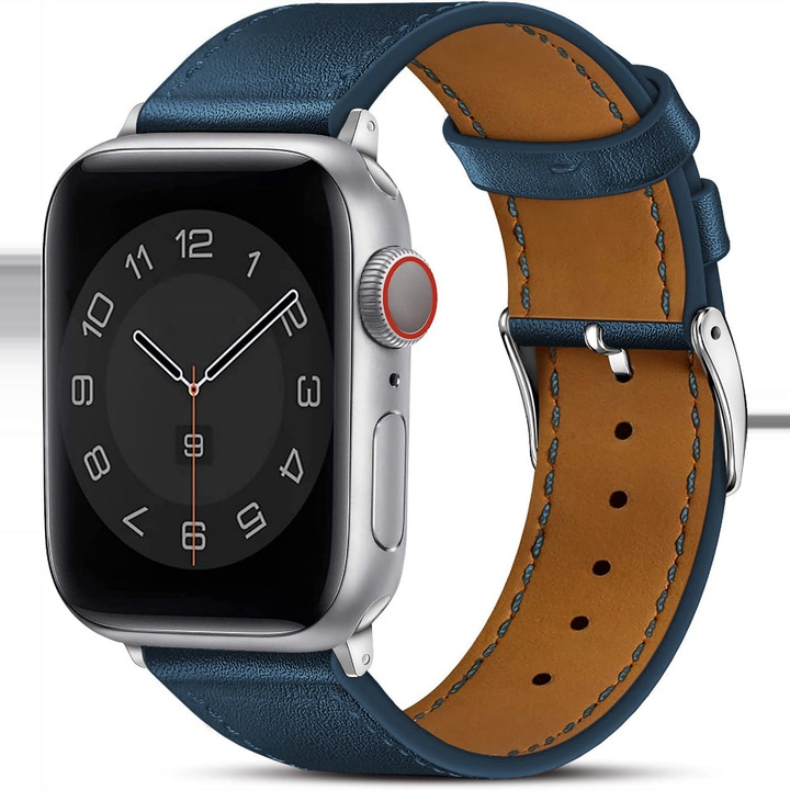 Curea Piele Naturala compatibila cu Apple Watch Ultra3/Ultra 2/Ultra/SE3/SE2/SE/11/10/9/8/7/6/5/4/3/2/1 - 42/44/45/46/49MM CASEY STUDIOS™, Elegant Premium, Usor de Montat, Albastru