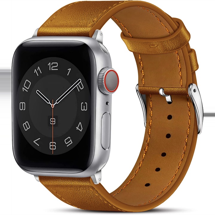 Curea Piele Naturala compatibila cu Apple Watch Ultra3/Ultra 2/Ultra/SE3/SE2/SE/11/10/9/8/7/6/5/4/3/2/1 - 42/44/45/46/49MM CASEY STUDIOS™, Elegant Premium, Usor de Montat, Maro