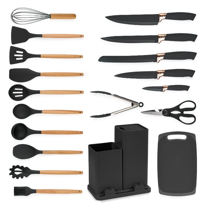 Комплект кухненски прибори 19 части Силикон и дърво и Ножове, Чопър, Термоустойчиви, Незалепващи, Горна опора - черни