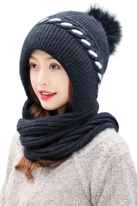 Дамска шапка, моден модел с помпон и регулируеми уши тип шал, мека и топла подплата, отличителен контрастен детайл, универсален размер, черна, EFAYN