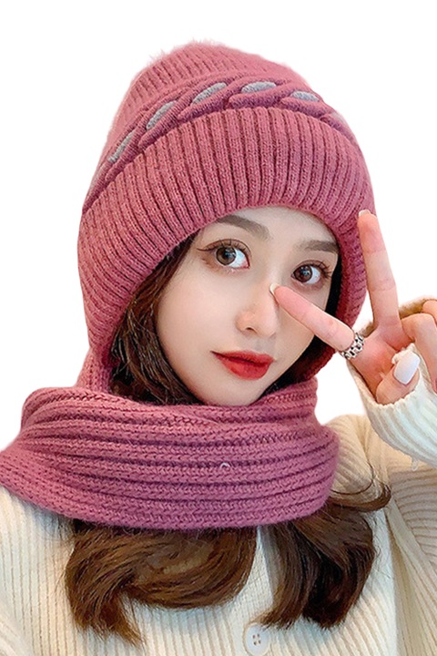 Дамска шапка, с помпон и регулируеми уши тип шал, мека и топла подплата, универсален размер, матово червено, EFAYN