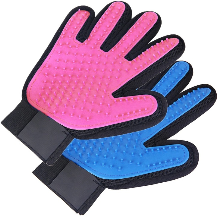 Manusi tip perie de ingrijire pentru caini si pisici, elimina rapid parul nedorit al animalelor de companie, pentu mana dreapta, solutia perfecta pentru o blana sanatoasa si stralucitoare, Set 2 bucati, 7.5x6 cm, Albastru si Roz, Fish & Paws ®