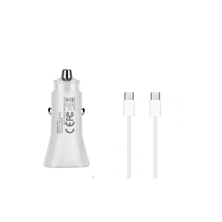 Set Incarcator Auto Fast Charge 20W si Cablu de Date Fast Charge1M Type-C-to C, 60W, Compatibil cu Apple iPhone 15 / 15 Pro / 15 Pro Max, QUANDES®