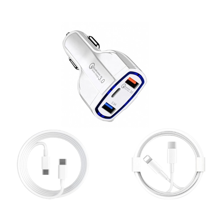 3 darabos gyorstöltő autós töltő 37W/7A és gyorstöltő Type-C-C adatkábel, 60W, Type-C Lightning adatkábel 37W, 1M, Apple iPhone 15 / 14 / 12 / 12 / 11 Pro Max készülékkel kompatibilis, QUANDES®