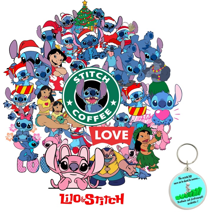 Set de 25 stickere decorative amuzante Lilo & Stitch, multicolor si breloc succes