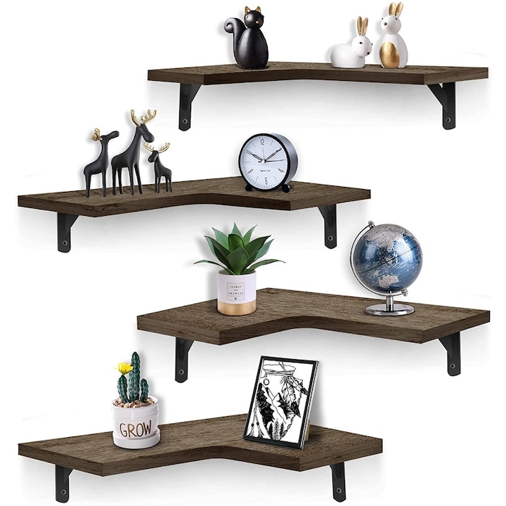 Set 4 rafturi de perete din lemn, Xinxu, 29 x 40.5cm, Maxim 15kg, dulap de depozitare multifunctional, pentru sufragerie, dormitor, birou, Maro