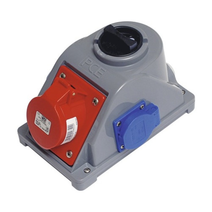 Priza Tripla Trifazica Pce (2 Cp + 1 Trifazata) 16a Cu Intrerupator 1-0, Montaj Aplicat, Pentru Exterior Ip44