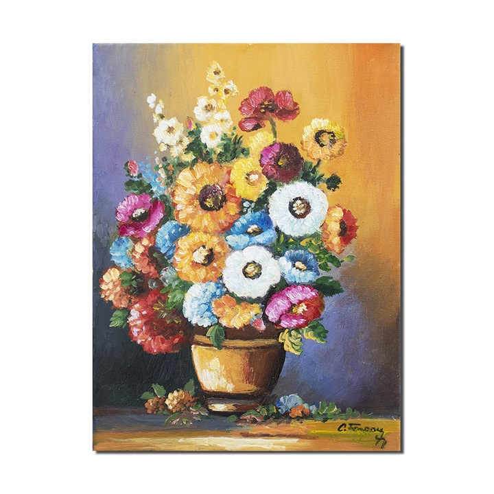 Tablou pictat manual living, hol, dormitor, Vaza cu flori multicolore, gingasie, pictura 40x30cm ulei pe panza gata de agatat pe perete