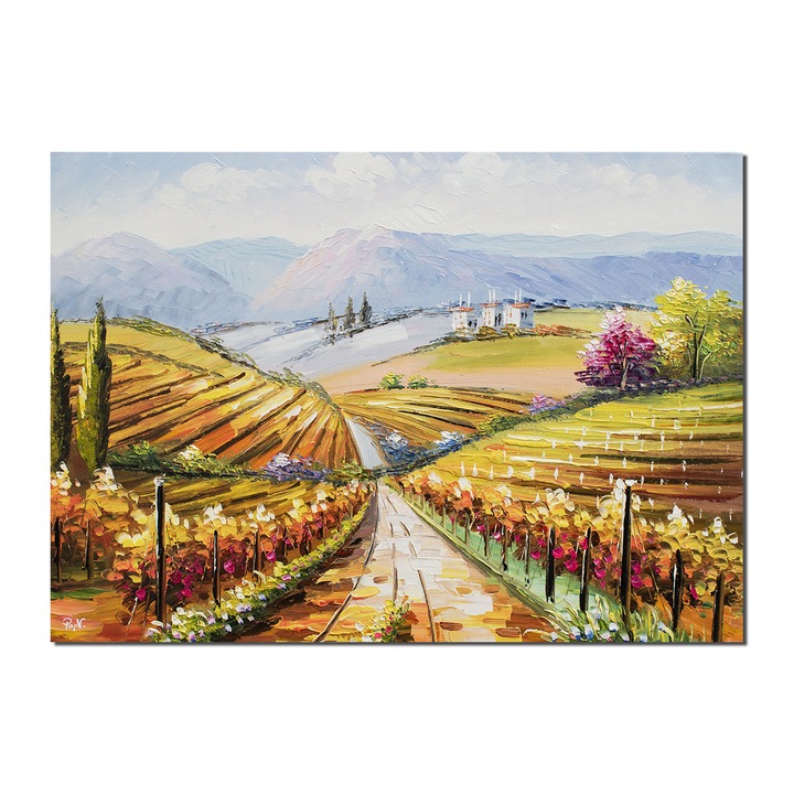 Tablou pictat manual living, hol, birou, dormitor, Peisaj din podgorie, colt de rai, 70x50cm ulei pe panza in cutit efect 3D, gata de agatat pe perete